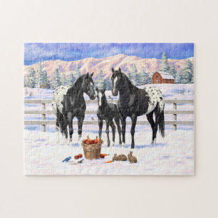 Puzzle Chevaux Appaloosa Noir Sur Une Ferme En Neige