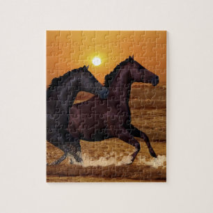 Puzzle Chevaux courant au coucher du soleil sur l'océan