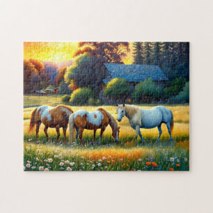 Puzzle Chevaux dans la prairie de fleurs sauvages de la f