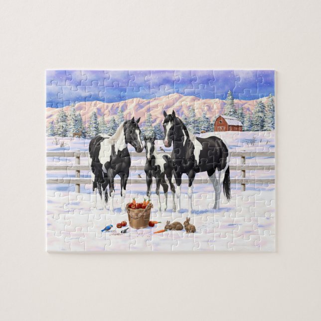 Puzzle Chevaux De Peinture De Pinto Noir Sur Une Ferme À  (Horizontal)