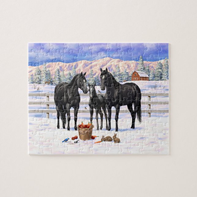 Puzzle Chevaux Du Quartier Noir En Neige (Horizontal)