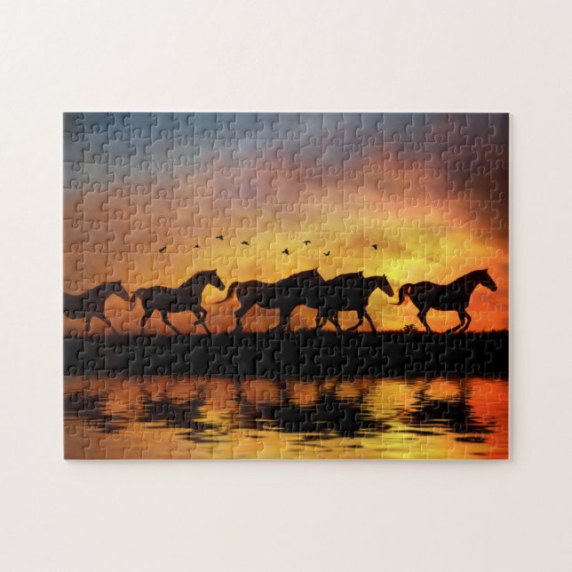 Puzzle Chevaux et coucher de soleil Courir avec l'eau (Horizontal)