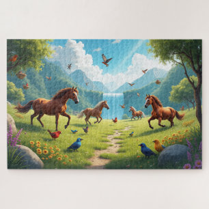 Puzzle Chevaux et oiseaux en prairie luxuriante