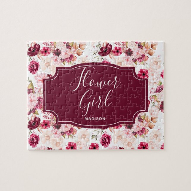 Puzzle Chic Bourgogne & Aquarelle rose Fleur Florale Fill (Horizontal)