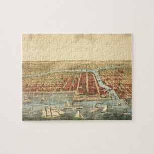 Puzzle Chicago Antique Map, LaSalle Street et River