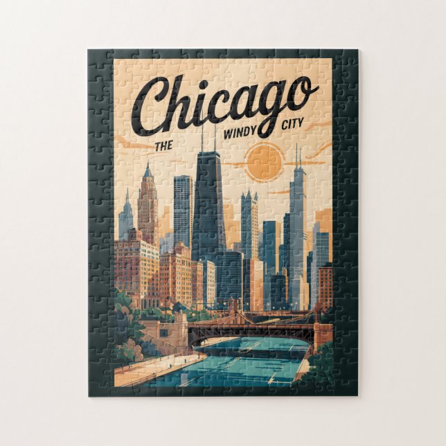 Puzzle Chicago Illinois Skyline Travel Art Vintage (Vertical)