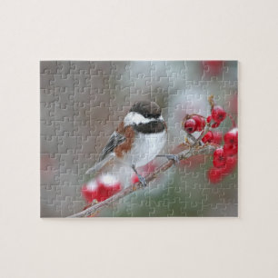 Puzzle Chickadee dans la neige en baisse avec les baies