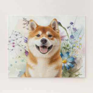 Puzzle Chien Akita Shiba Inu avec des fleurs aquarelles b