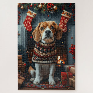 Puzzle Chien Beagle avec des cadeaux de Noël Cheminée