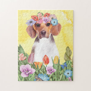 Puzzle Chien beagle avec fleurs Printemps