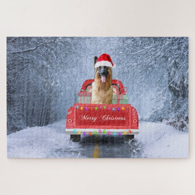 Puzzle Chien berger allemand en neige assis à Noël (Horizontal)