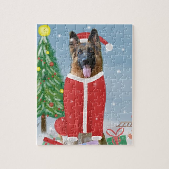 Puzzle Chien berger allemand en neige avec cadeaux de Noë (Vertical)