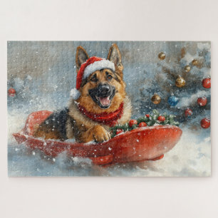 Puzzle Chien berger allemand en neige dorée Noël