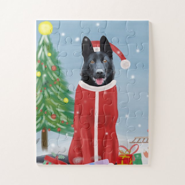 Puzzle Chien berger allemand noir en neige cadeaux de Noë (Vertical)
