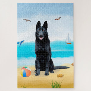 Puzzle Chien Berger Allemand noir sur la plage