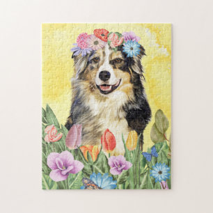 Puzzle Chien berger australien avec fleurs Printemps