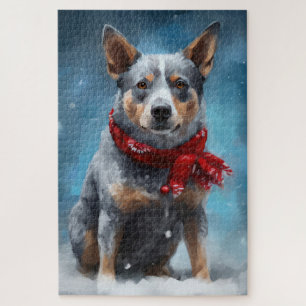 Puzzle Chien Blue Heeler dans la neige de Noël 