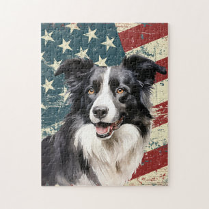 Puzzle Chien Border Collie avec drapeau américain grunge