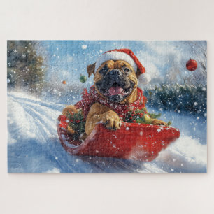 Puzzle Chien Bouledogue dans le Traîneau Qu'il neige Noël
