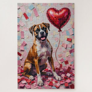 Puzzle Chien Boxer Saint-Valentin Cœur Ballon Amusant