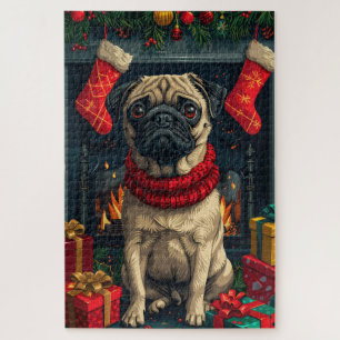 Puzzle Chien Carlin Avec Cheminée De Cadeaux De Noël