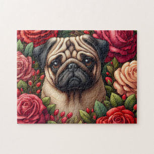 Puzzle Chien Carlin avec Roses Rouges