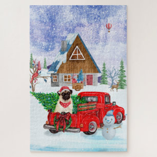 Puzzle Chien Carlin Dans Camion De Livraison De Noël Neig