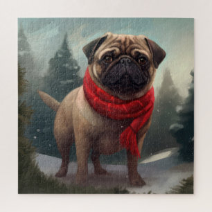 Puzzle Chien Carlin dans la neige de Noël