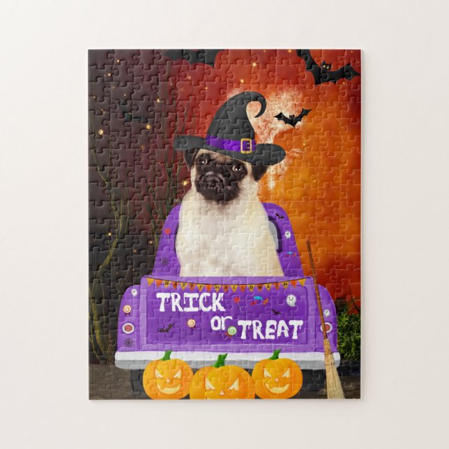 Puzzle Chien carlin dans un camion Halloween (Vertical)