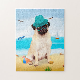 Puzzle Chien carlin sur la plage