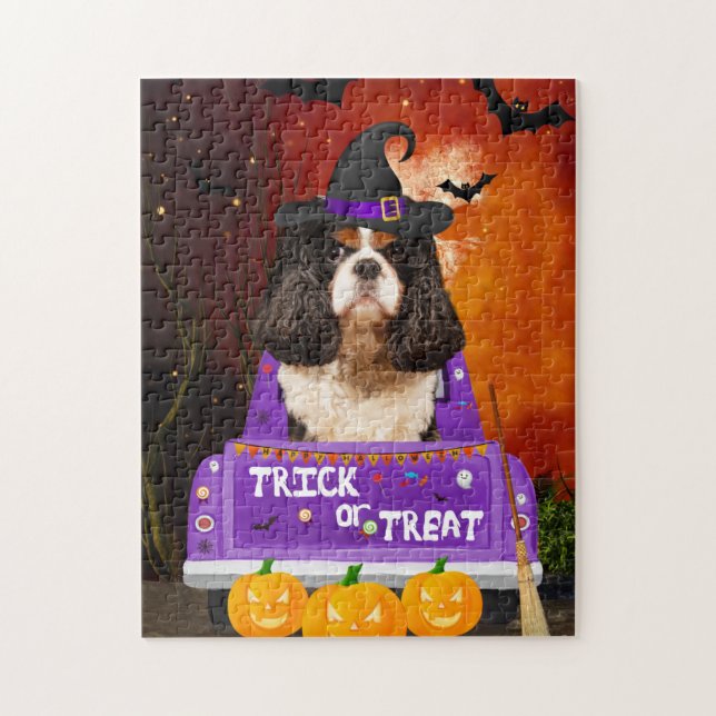 Puzzle Chien Cavalier King dans le camion Halloween (Vertical)