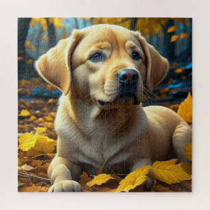 Puzzle Chien chiot jouant dans les feuilles d'automne