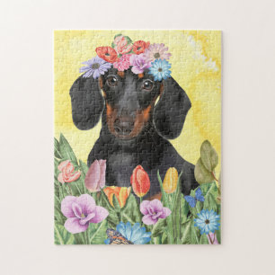 Puzzle Chien Dachshund avec ressort de fleurs