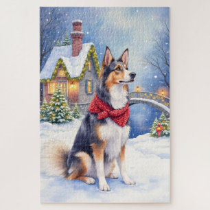 Puzzle Chien de berger belge à l'aquarelle Noël d'hiver