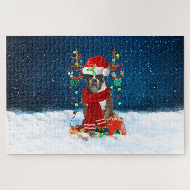 Puzzle Chien de boîte avec cadeaux de Noël (Horizontal)