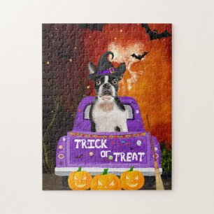 Puzzle Chien de Boston Terrier dans un camion Halloween