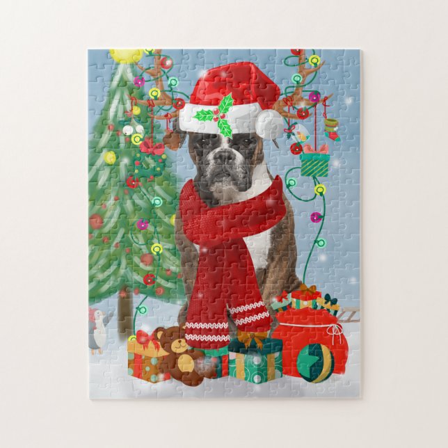 Puzzle Chien de boxe en neige avec cadeaux de Noël (Vertical)