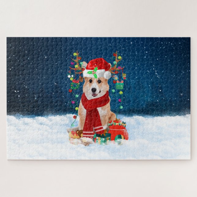 Puzzle Chien de Corgi avec cadeaux de Noël (Horizontal)