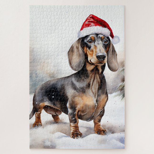 Puzzle Chien de Dachshund à Noël de neige (Vertical)
