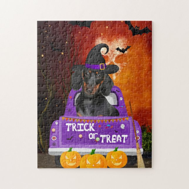 Puzzle Chien de Dachshund dans un camion Halloween (Vertical)