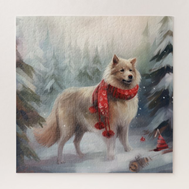 Puzzle Chien de lappund finlandais à Noël de neige (Vertical)