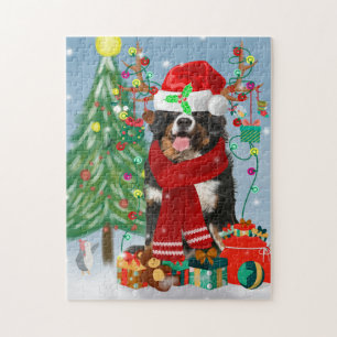 Puzzle Chien de montagne bernois en neige avec cadeaux de