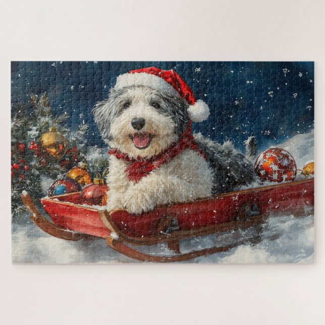 Puzzle Chien de mouton anglais dans Sledge Let it neige C (Horizontal)