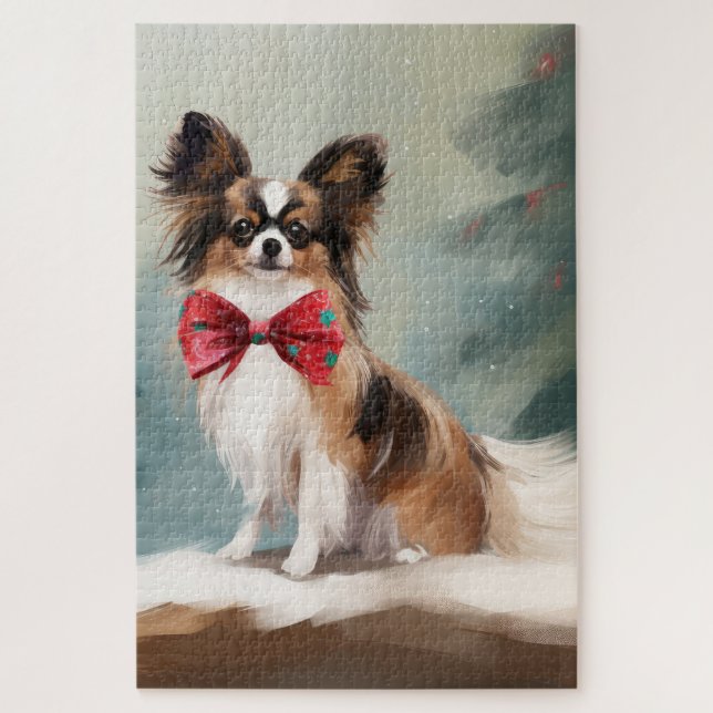 Puzzle Chien de Papillon à Noël de neige (Vertical)