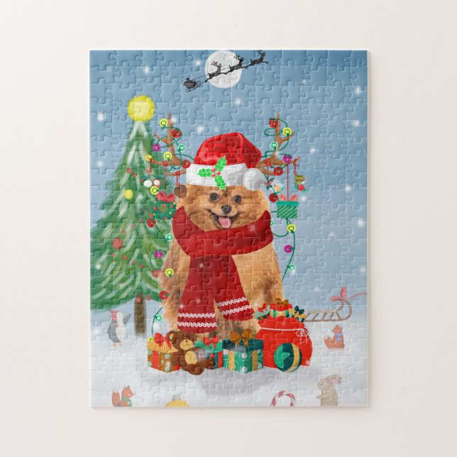 Puzzle Chien de Poméranie avec cadeaux de Noël (Vertical)