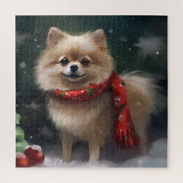 Puzzle Chien de Poméranie en Noël de neige (Vertical)