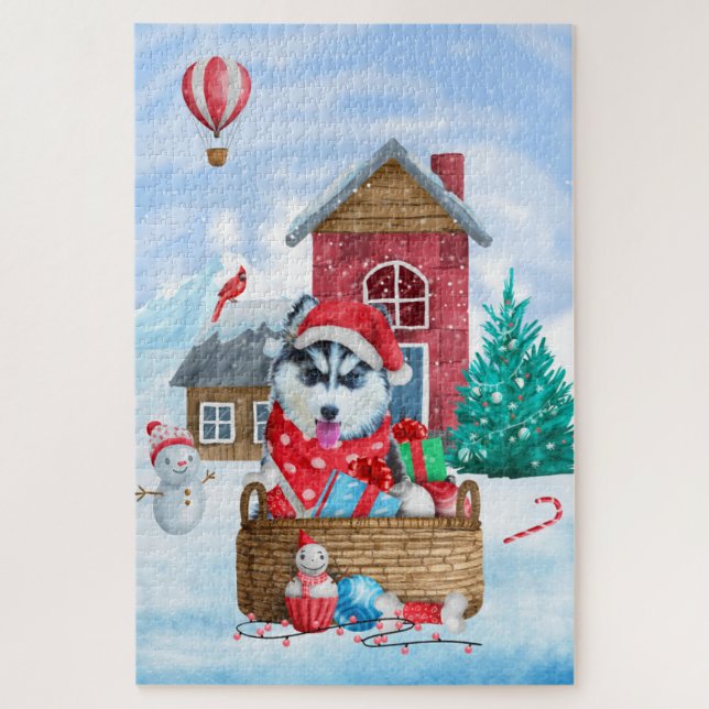 Puzzle Chien de Sibérie Husky dans la neige Maison de Chi (Vertical)