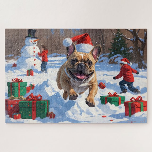 Puzzle Chien de taureau français coule en neige avec Casq (Horizontal)