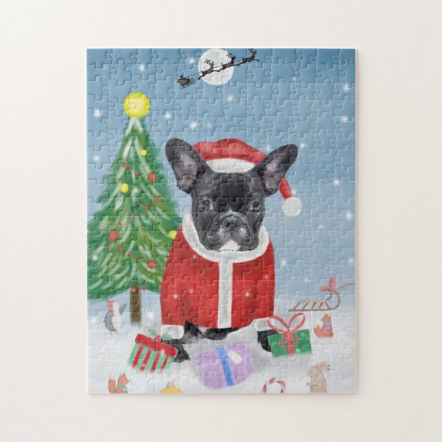 Puzzle Chien de taureau français en neige avec cadeaux de (Vertical)