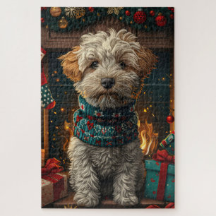 Puzzle Chien de Terrier avec des cadeaux de Noël cheminée
